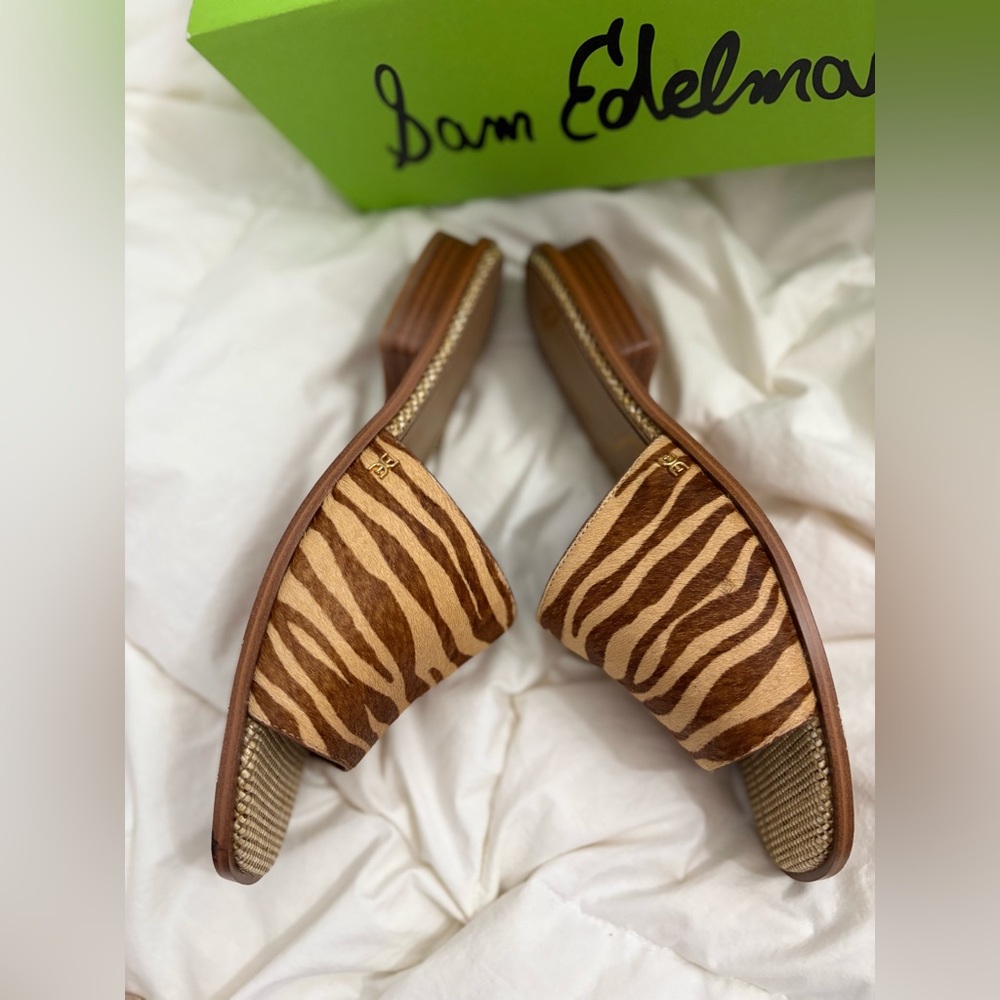 Brand new size 11 real fur Sam Edelman Brown Zebra Print Women's Slides - Picture 4 of 8